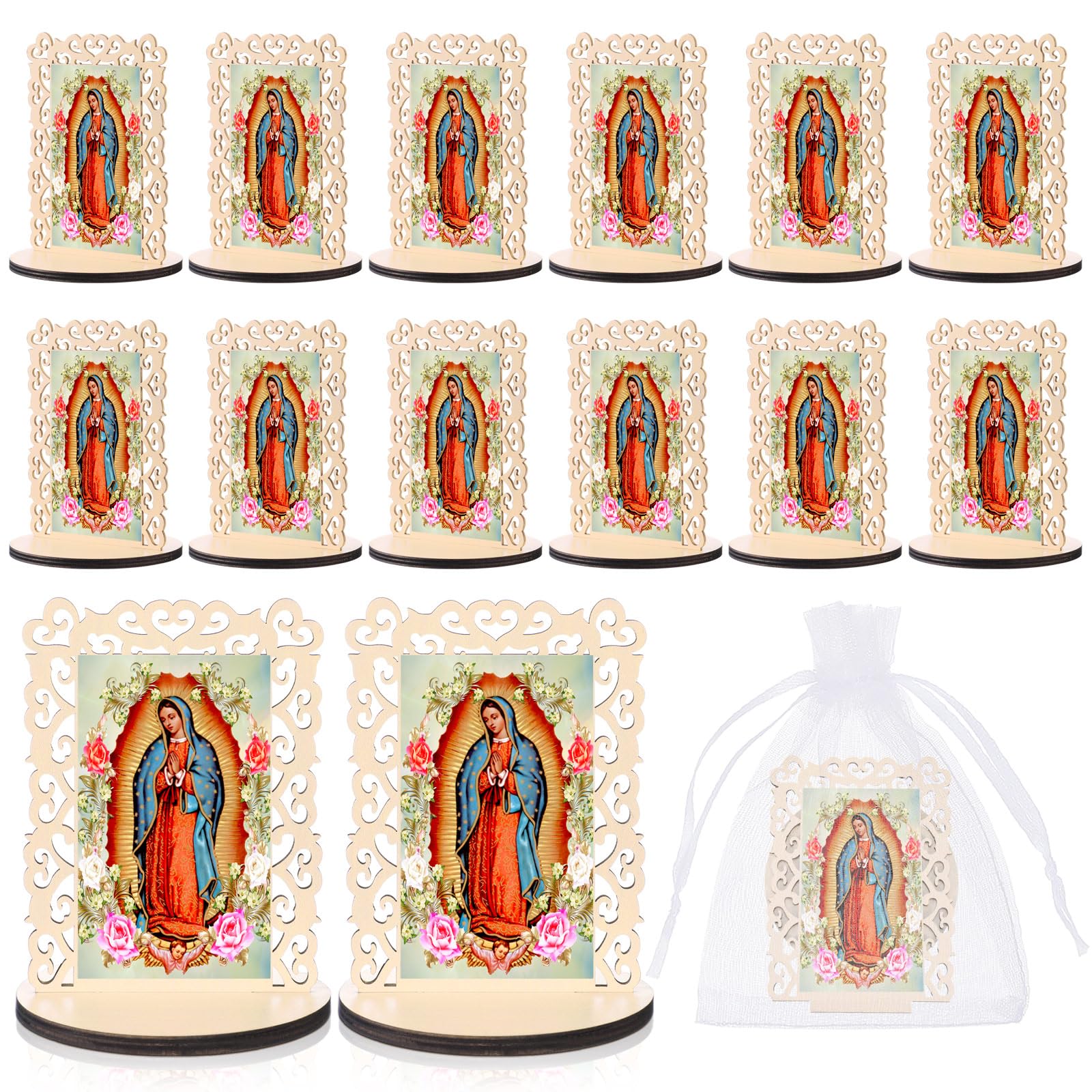 Soaoo Holzstatuen "Our Lady of Guadalupe", "Virgen De Guadalupe", Bilderrahmen, Taufgeschenke für Gäste, Taufaufaufaufen, Tafelaufsätze für Tisch, Erstkommunion, katholische Gastgeschenke, rechteckig