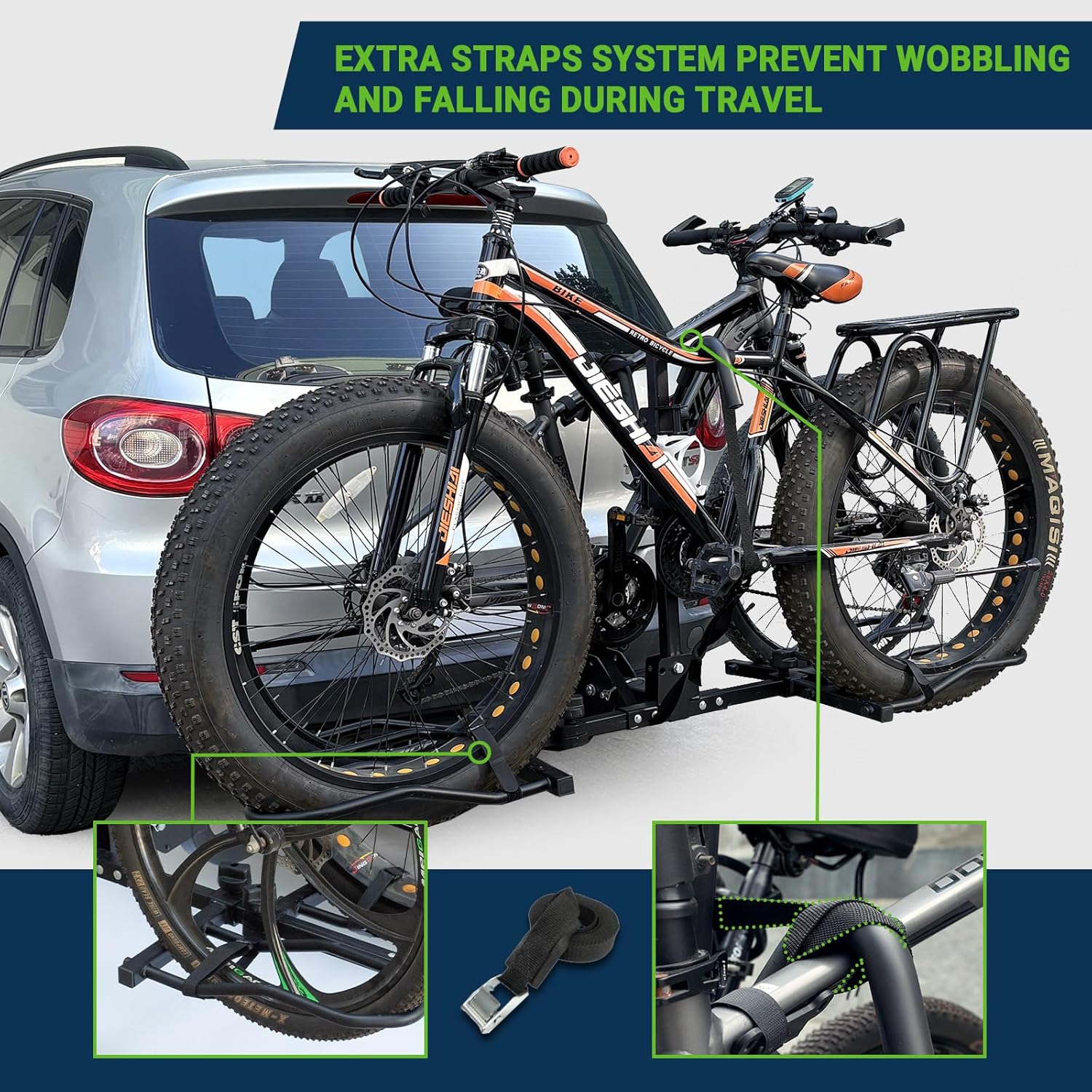 Bike Rack Hitch for Car 2 Bikes, Foldable & Tilt, Anti-wobble Easy Install for Heavy Mountain Ebike Fits 2" Receiver, 160 lbs Capacity, Fat Tire up to 5", Tow Hitch Mount for Truck SUV RV Trailer Jeep