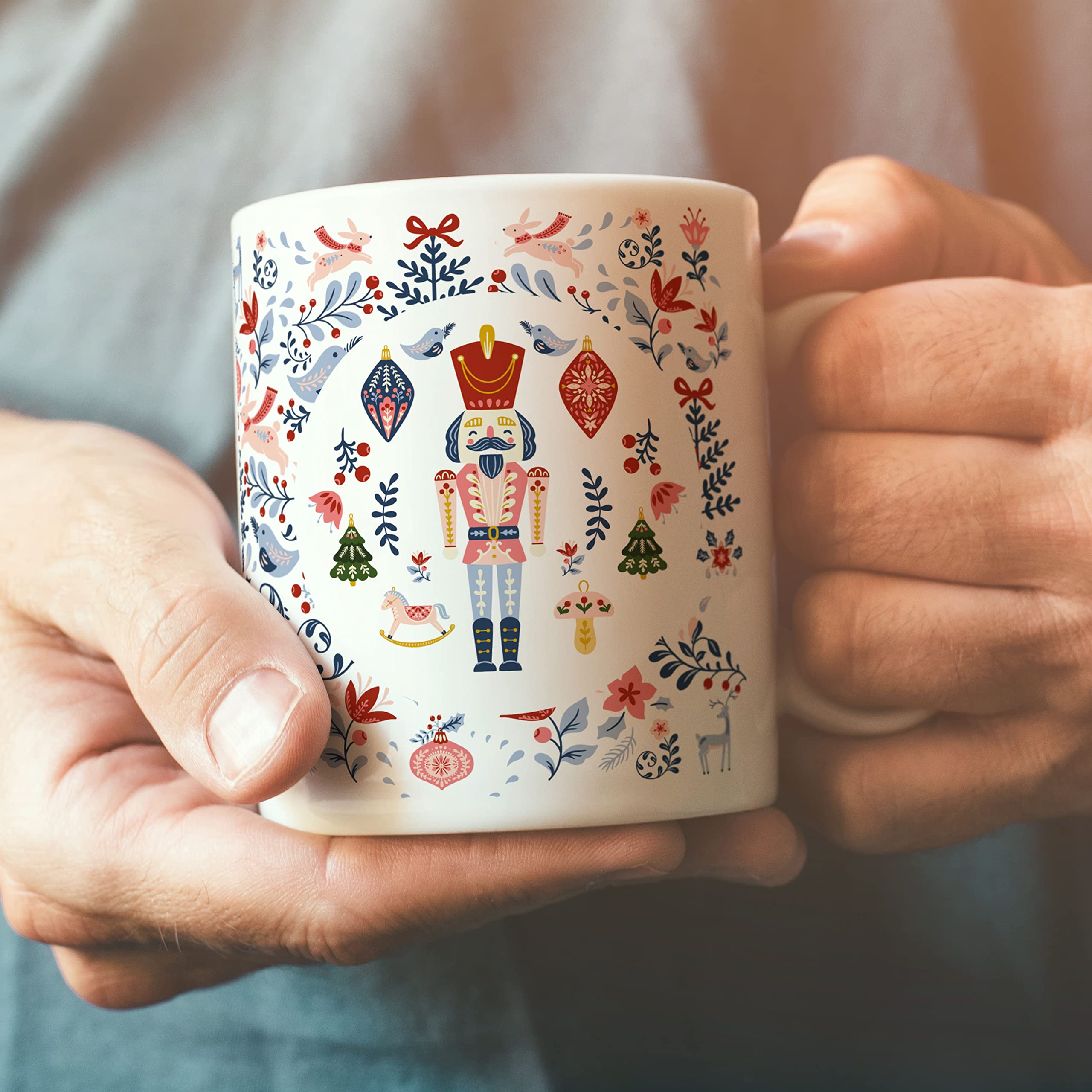 Pink Positive Nutcracker Christmas Mug with Folk Nordic Pattern, White, 10 oz - Image 2