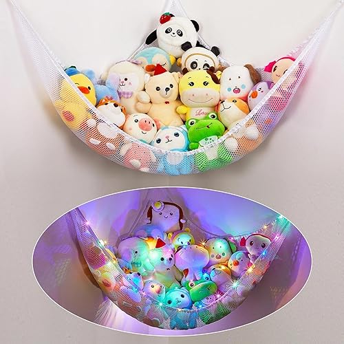 Miniatura 17 de Basumee Red de animales de peluche o hamaca con luz LED, hamaca de red de juguetes para almacenamiento de animales de peluche, hamacas para cuarto