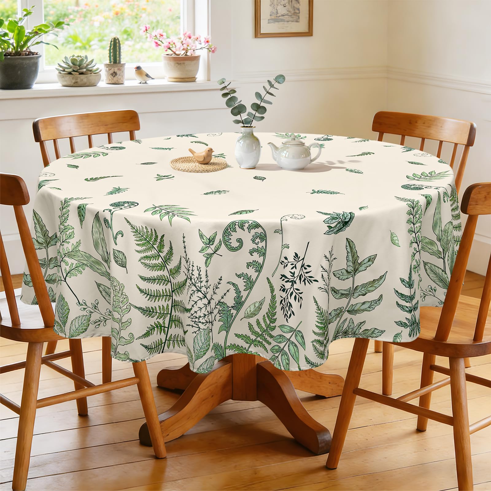 Arquiel Fern Leaves Tablecloth Waterproof, Green Grass Table Cloth Round, Washable Table Cover for Party Picnic Wedding Outdoor Dining Decor (180x180cm)