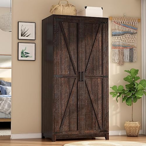 Miniatura 7 de Armario Ropero Grande de 70" Juego de 2 con Barra para Colgar, Gabinete de Almacenamiento de Ropa Estilo Granja con 4 Puertas de Granero, Armarios