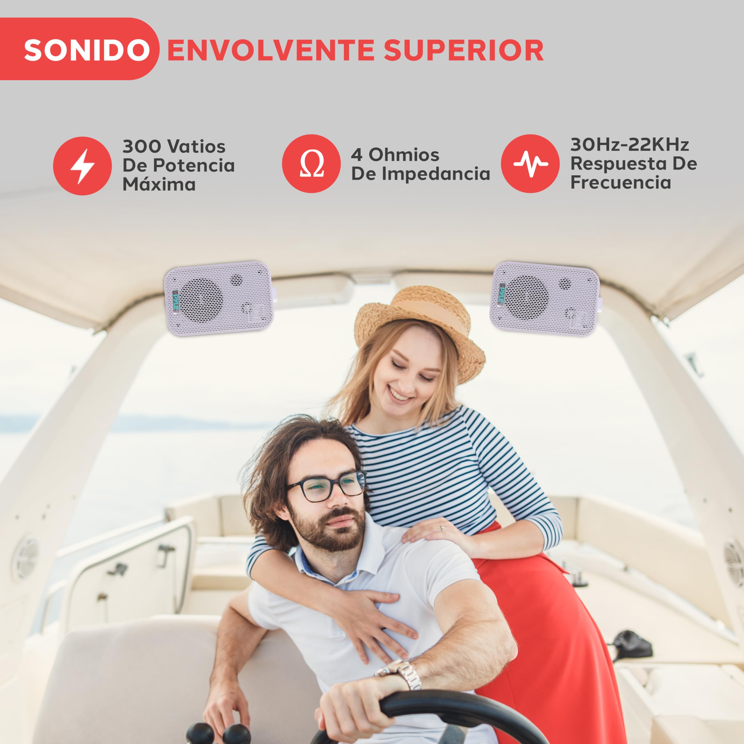 Pyle par de Altavoces Marinos, Woofer de 3.5”, Tweeter 1, Potencia de 300V Montaje en Pared, Techo, Interiores, Exteriores