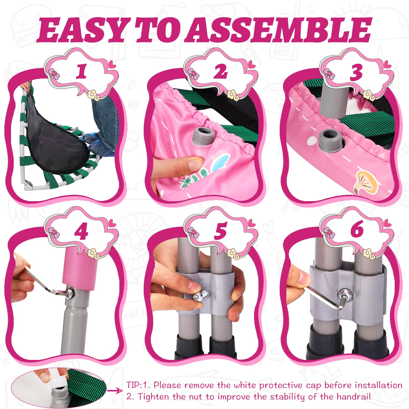 Hüpftrampolin für Kinder mit Schaumstoffgriffen, Kindertrampolin mit verstellbaren Griffen, Klapptrampolin für drinnen und draußen, Fitnesstrampolin für Kinder ab 3 Jahren (Pink)