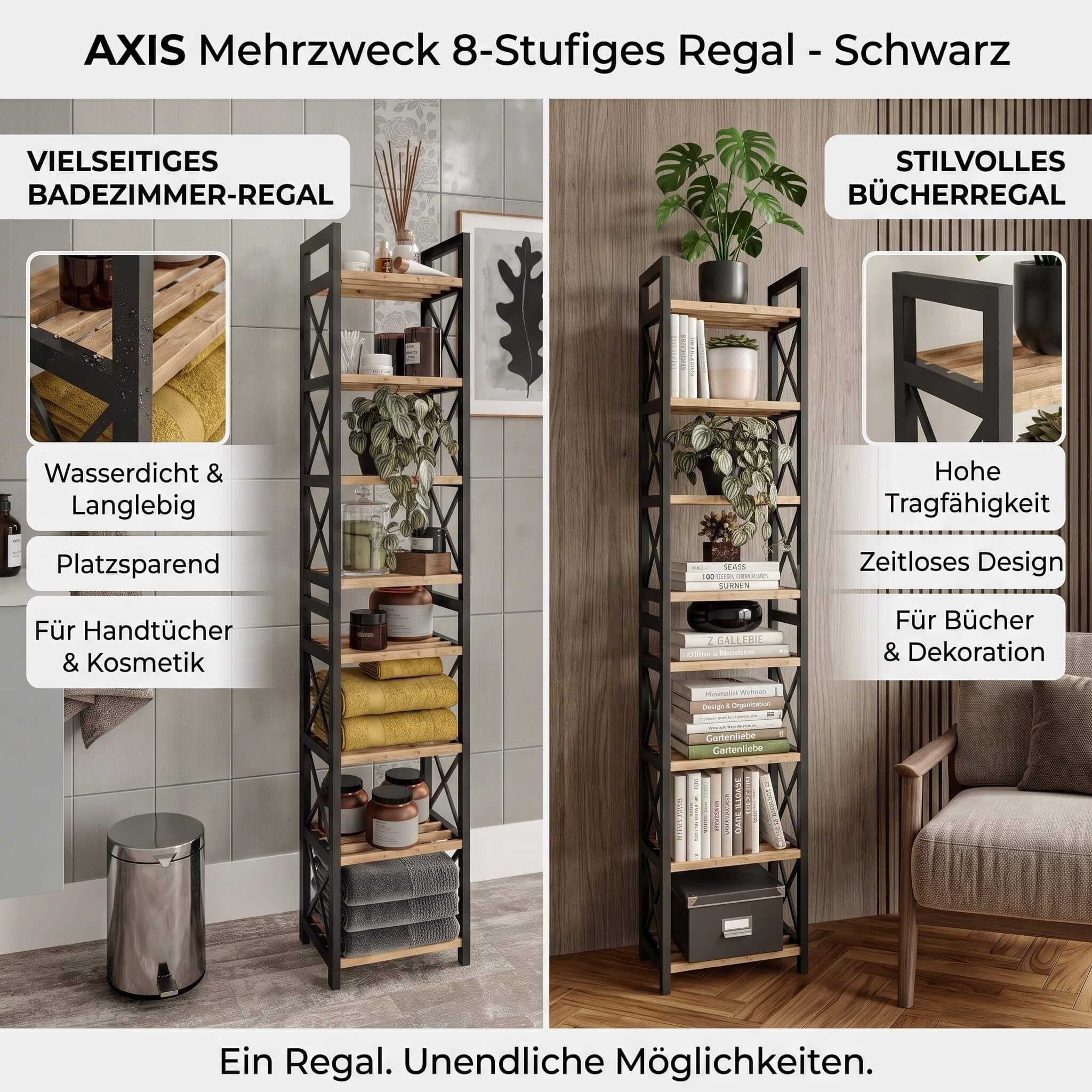 AXIS Mehrzweckregal mit 8 Ebenen Standregal für Wohnzimmer Bad und Küche Schwarzes Aufbewahrungsregal Platzsparend