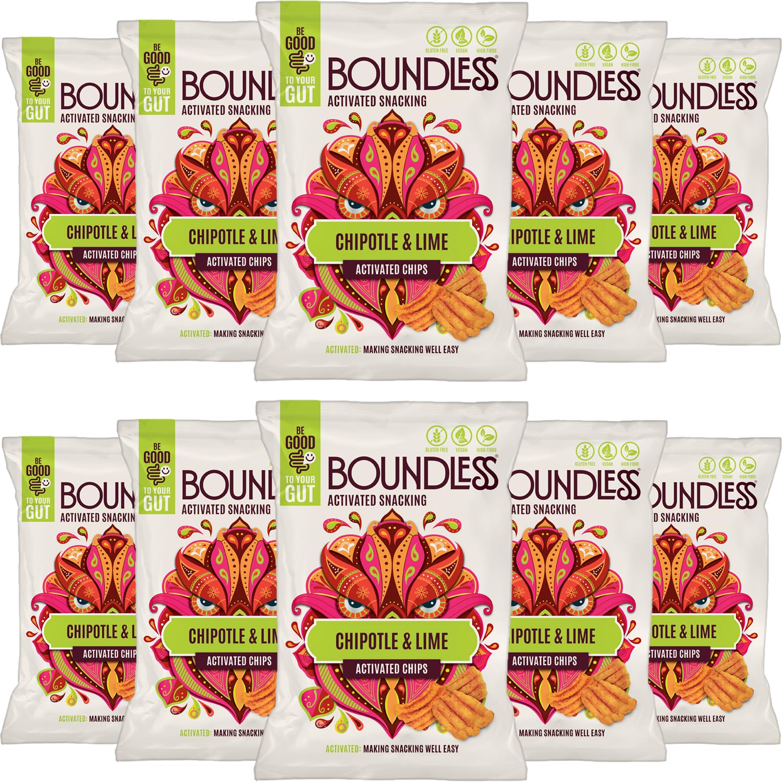 Boundless Activated Chips - Gut Health Vegan Crisps Multipack - Chipotle & Lime Crisps - Pea Protein Crisps - Gluten Free Snacks, Vegan Protein Snacks, Gut Friendly Healthy Crisps Share Bag, 10 x 80g