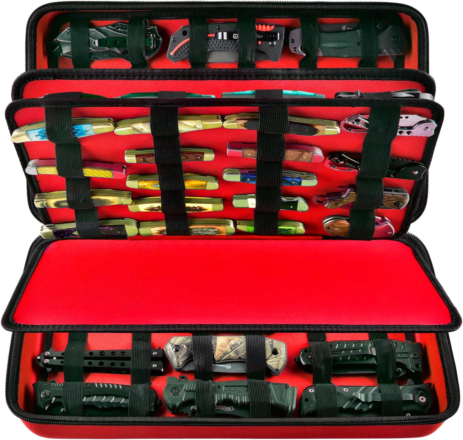 GWCASE Knife Display Case for 66+ Pocket Knives. Folding Holder, Butterfly Storage Organizer, Roll Collection Pouch for Survival Tactical Outdoor - Red