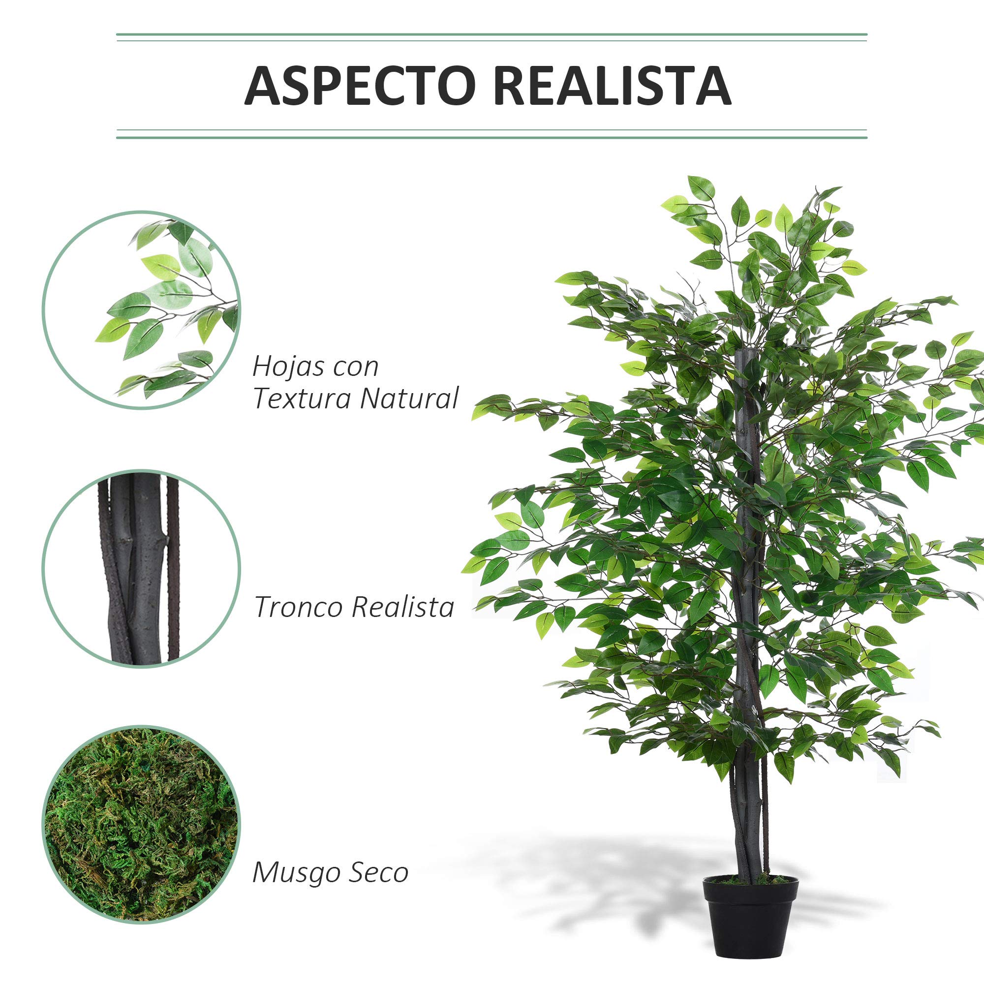 Outsunny Planta Artificial Ficus Artificial de 145 cm Ø20x145 cm Verde | 756 Hojas, Maceta, para Decoración Interior