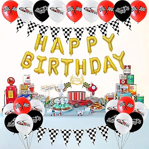 Miniatura 3 de 60 unidades de globos de látex de color blanco, negro y rojo con bandera de carreras de coches de carreras de automóviles a cuadros para decoración