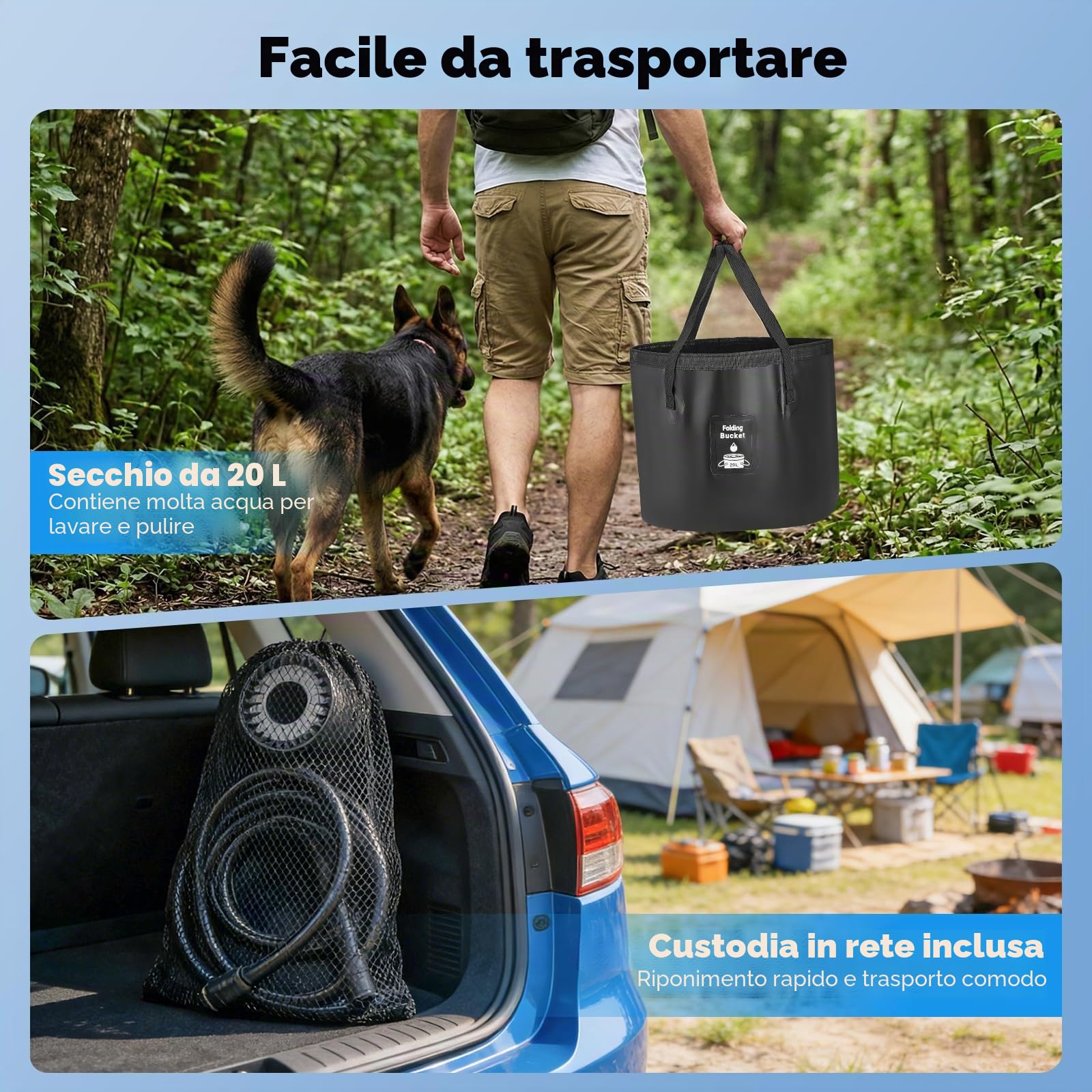 Doccia Da Campeggio, Con Secchio Pieghevole 20L, 8000 Mah Doccia Ricaricabile Portatile, Impermeabile Ipx7, Con Display Digitale Intelligente Per Spiaggia Giardino Lavaggio Auto