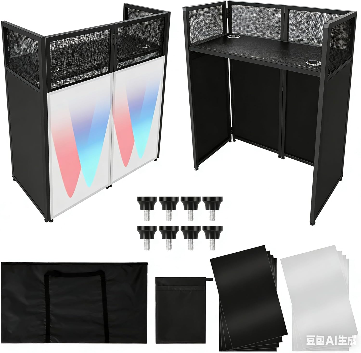 Portable DJ Facade Booth,52"L x 48"H x 26"W DJ Table Facade With White & Black Scrim,Foldable Metal Frame DJ Table Stand Station With Adjustable Feet for Party