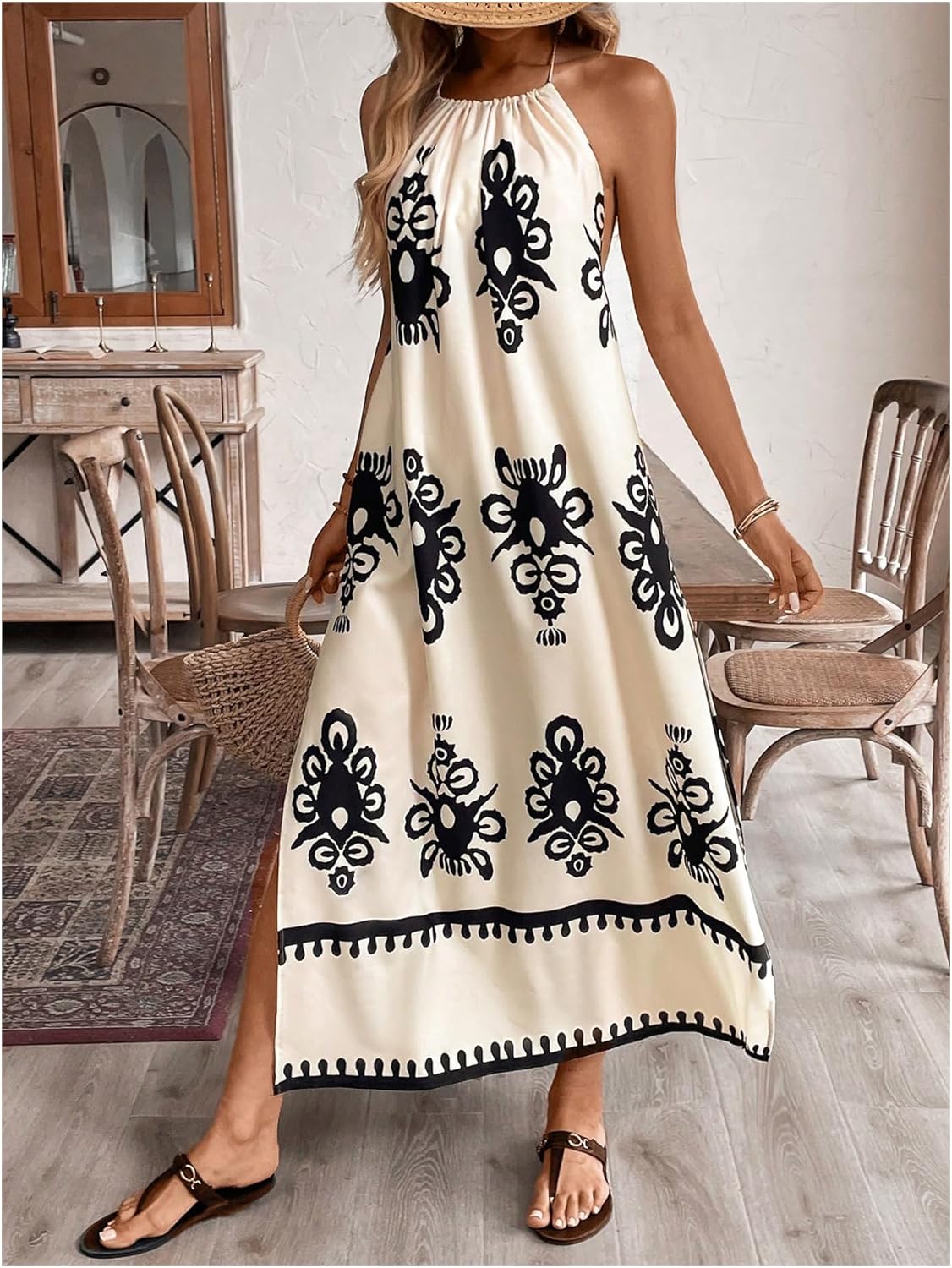 Floerns Women's Boho Tribal Halter Dress Sleeveless Backless A Line Long Dresses - Image 3