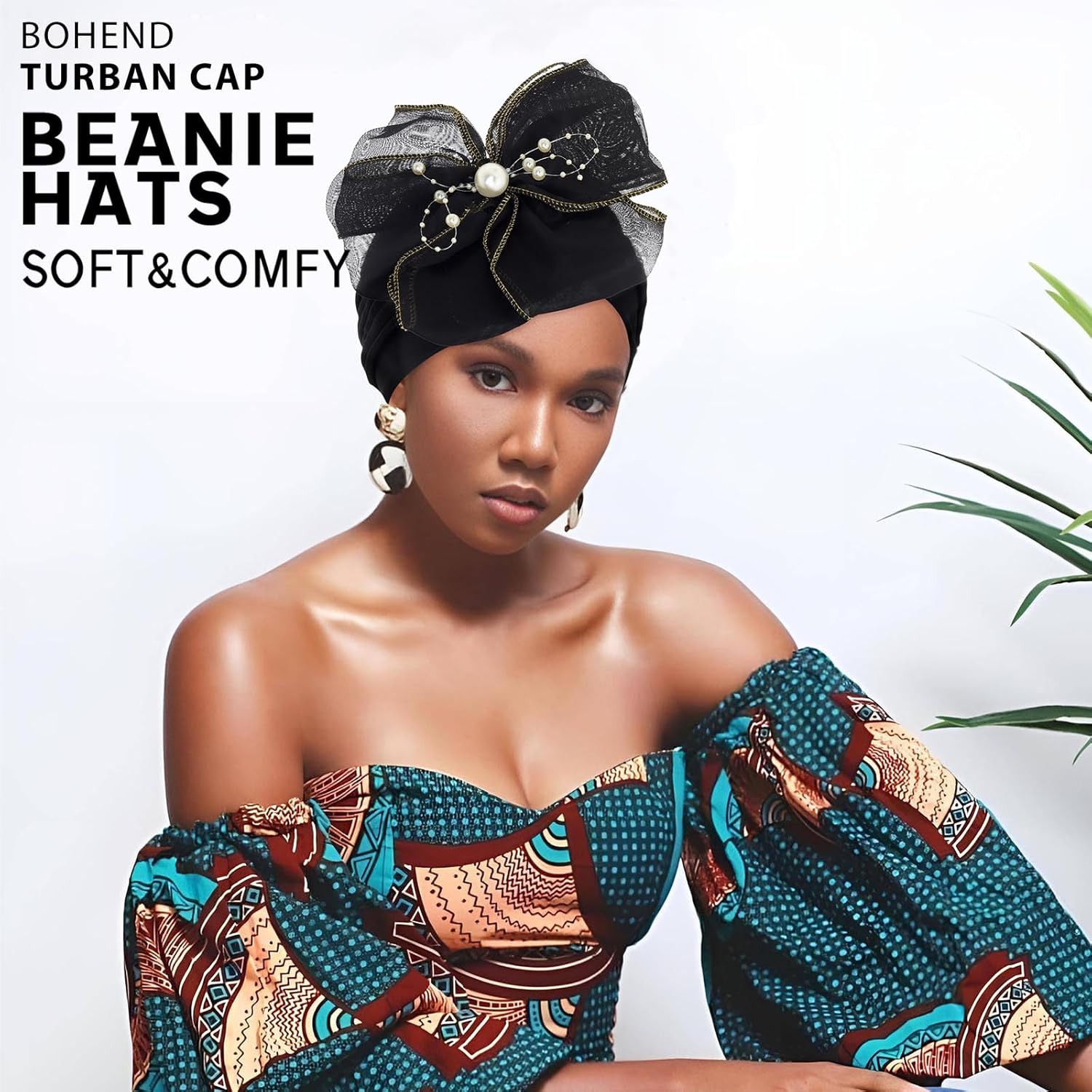 Bohend Big Flower Knotted Headwrap Cap Pearl Beads Pre Tied Turbans Beanie Bow Knot Bonnet Ruffle Stretch Headscarf Hat Women - Image 6