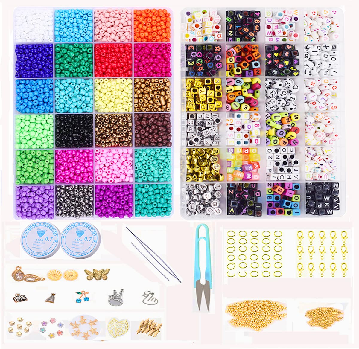 Moonmen Small Glass Seed Beads and Letter Beads Set for Jewelry Bracelets Making with Bracelet String 4mm Glass Seed Beads "A-Z" Alphabet Letter Beads Jewelry Making (48 Cells kit Beads)