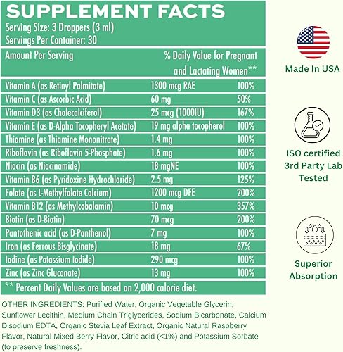 Miniatura 5 de Vitaminally Gotas líquidas liposomales prenatales  posnatales con hierro suministro de 30 días 3 onzas líquidas sin OMG sin azúcares añadidos sin