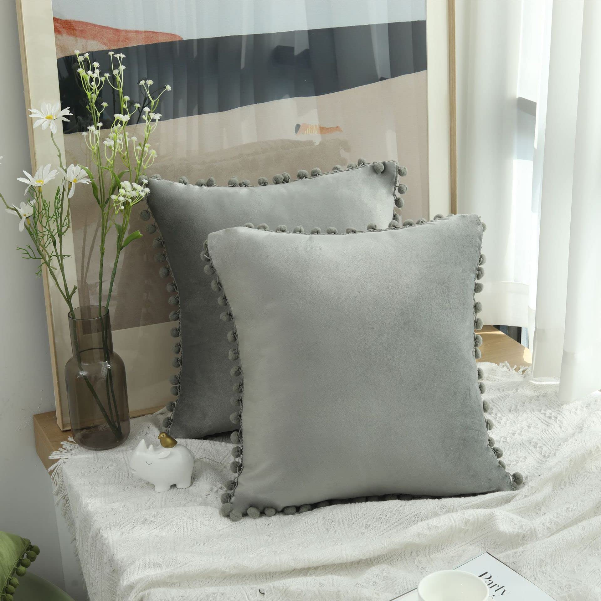 Hediloo Cushion Covers Pack of 2 Soft Velvet Throw Pillow Cases with Pom Pom Invisible Zip for Sofa Chair Living Room (Grey, 65 * 65cm) โ image 1