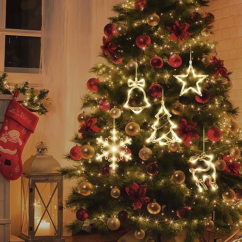 Miniatura 3 de Paquete de 5 luces de Navidad para ventana con temporizador, funciona con pilas, para colgar en forma de árbol de copo de nieve con luz blanca