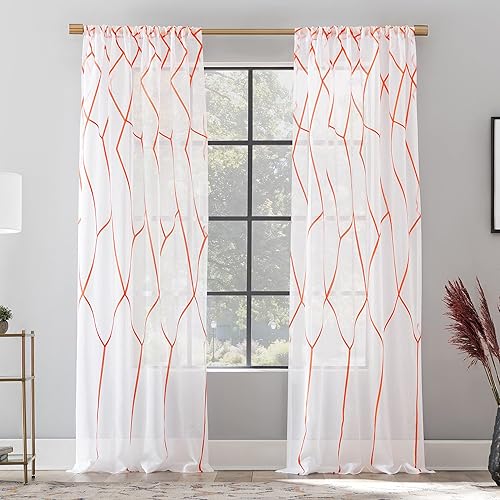Scott Living Azlan - Cortina transparente con bolsillo para barra, con bordado geométrico, 50 x 96 pulgadas, color naranja