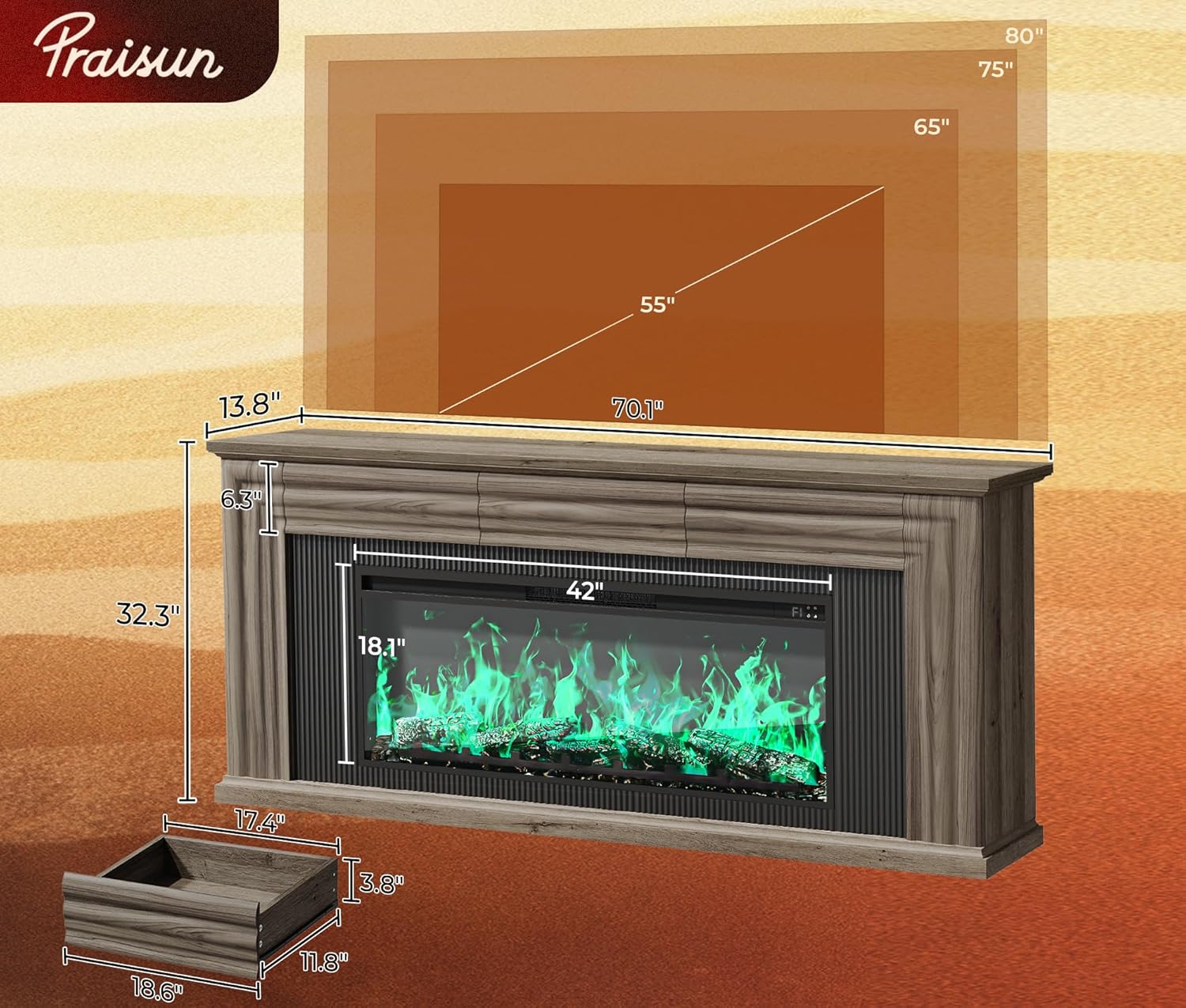 PRAISUN 70'' Fireplace TV Stand with 42'' Electric Fireplace, Farmhouse TV Stand for 65 75 Inch TV, Entertainment Center TV Console with 3 Drawers, Fluted Design, for Living Room, Gray Oak Grey Oak