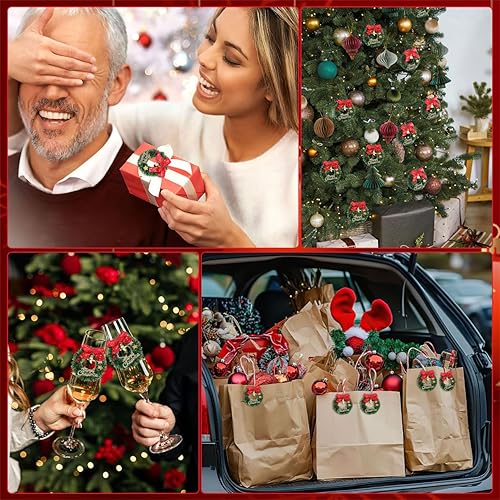 Miniatura 8 de Ciieeo 10Pcs Mini Christmas Wreath Ornaments 2.55 Inch Miniature Xmas Tree Hanging Wreaths with Bow Bell and Merry Christmas Sign for Holiday Decor