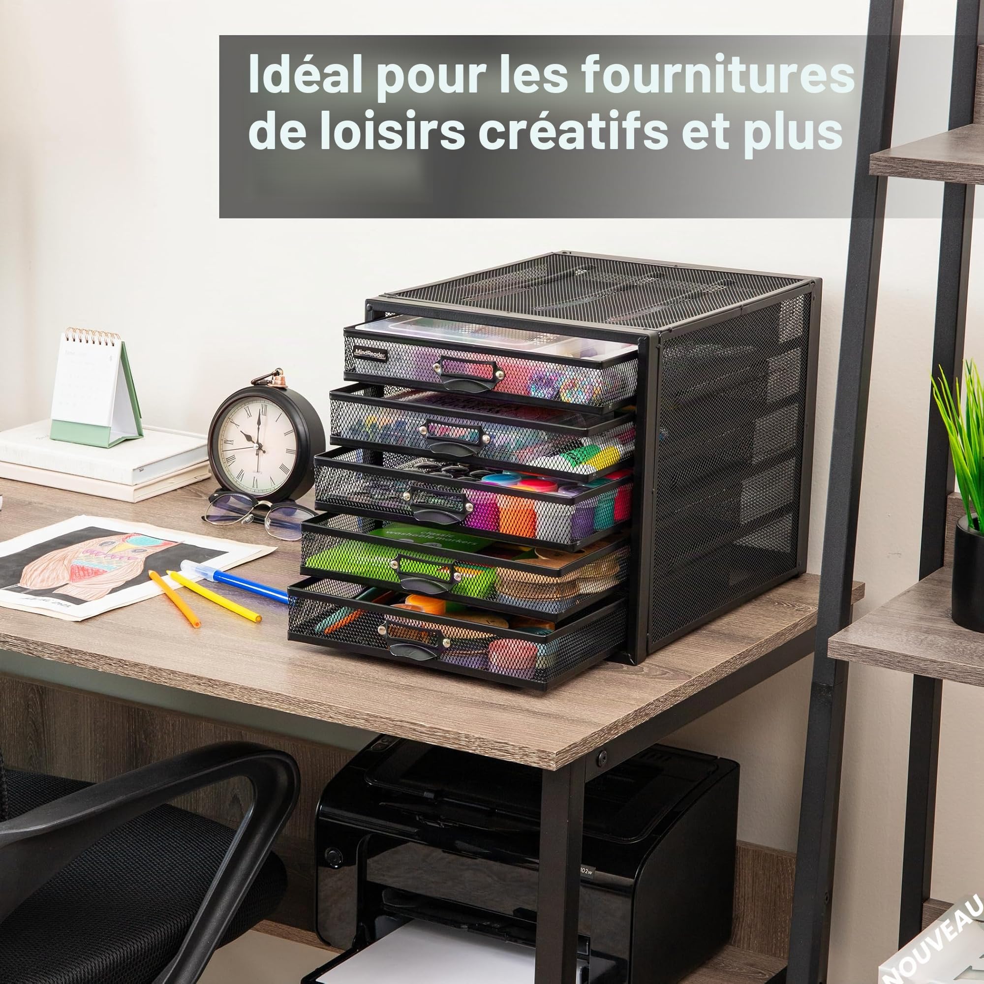 Mind Reader Tiroirs de rangement de fichiers, organiseur de bureau, multifonction, artisanat, bureau, maille métallique, 27,9 cm (L) x 35,6 cm (l) x 27,9 cm (H), noir, 5 tiroirs