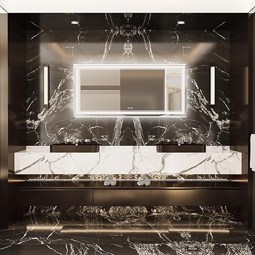 Miniatura 10 de Espejo de baño LED de 60 x 28 pulgadas, espejo inteligente con iluminación frontal y retroiluminada, espejo LED para baño con 3 colores, espejo de