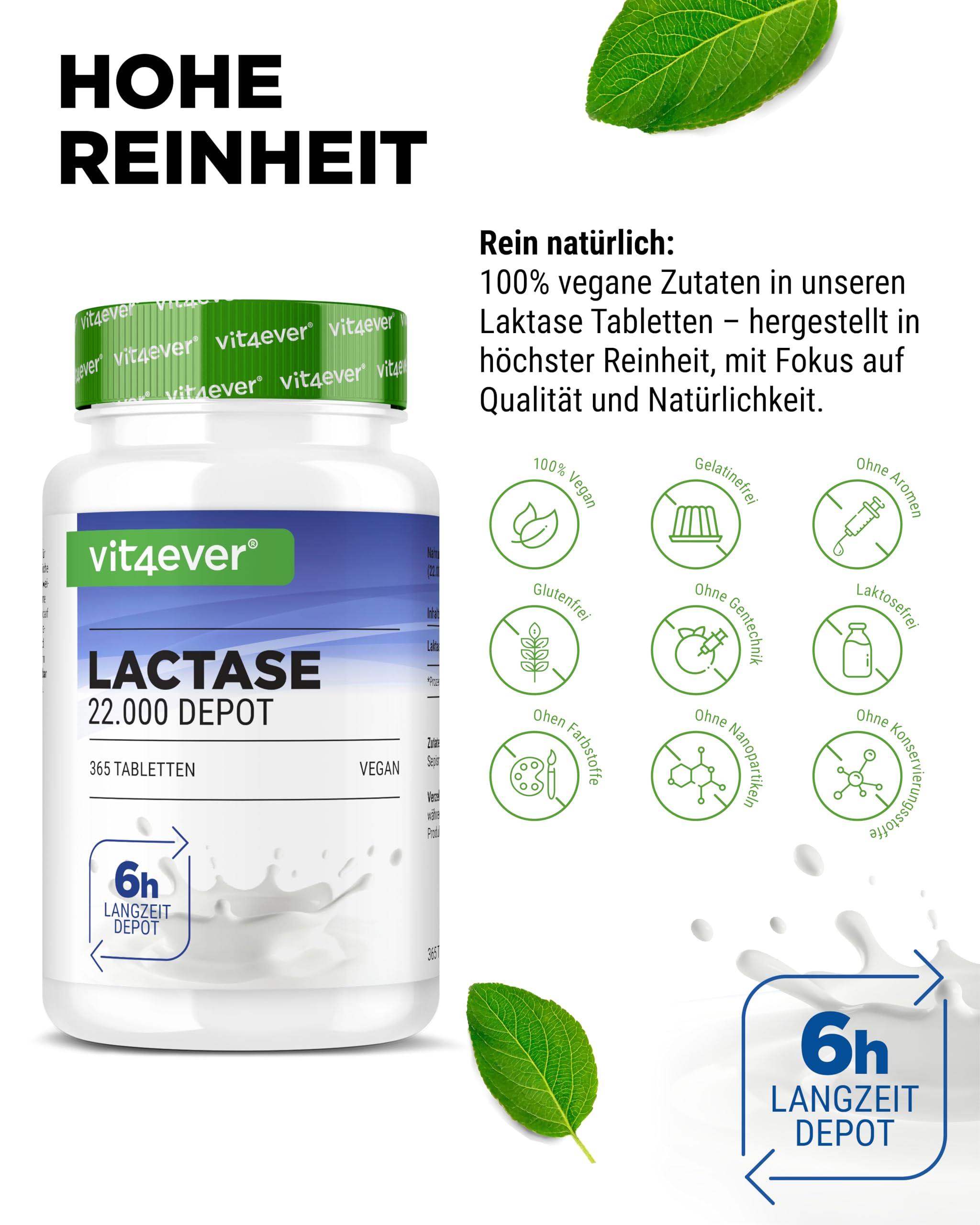 vit4ever Laktase 22.000 FCC Depot - 365 Tabletten - Sepismart® Slow Release | Hochdosiert mit 22.000 FCC-Einheiten - Bei Laktoseintoleranz + Milchunverträglichkeit, Vegan