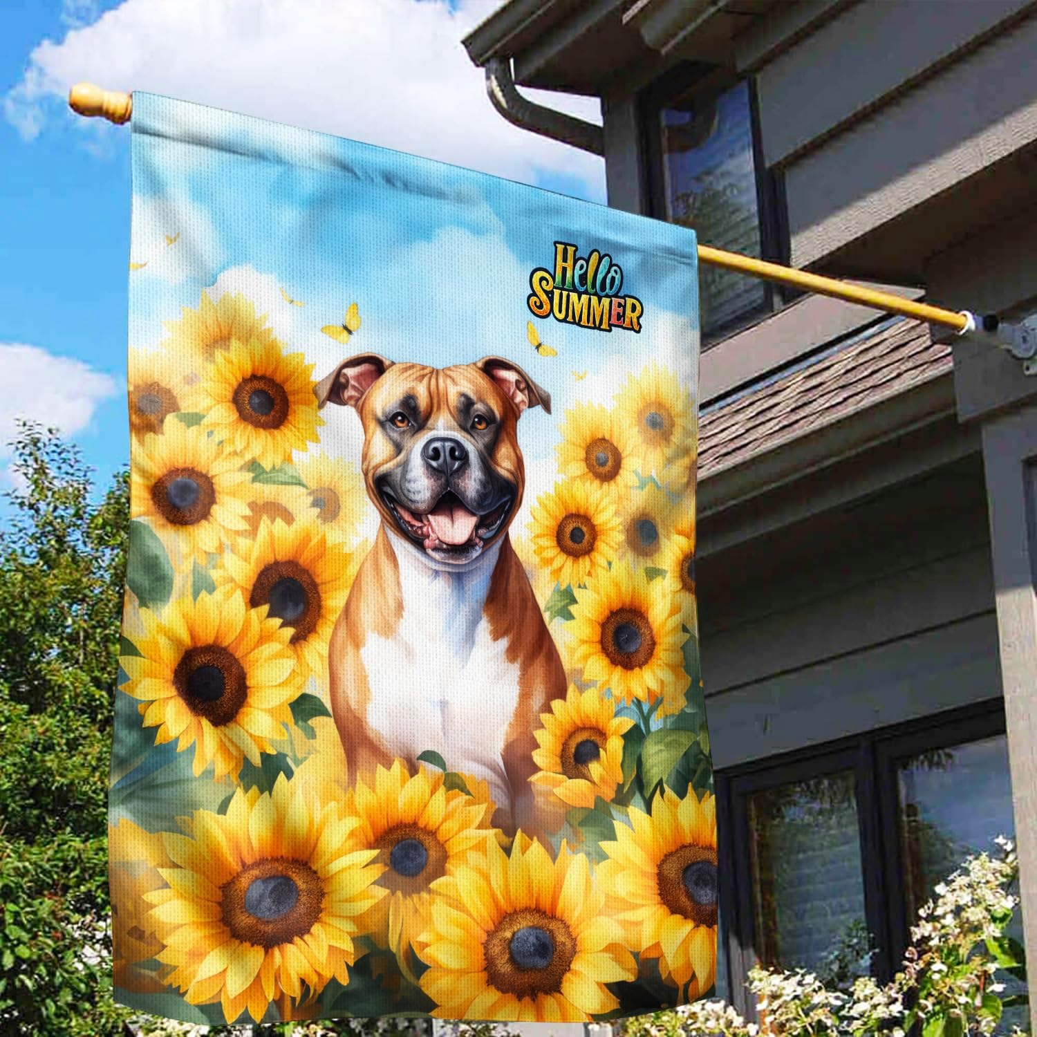 Pitbull Hello Summer Sunshine Sunflowers Spring Retro Vintage House Flag 28x40in Double Sided American Pit Bull Terrier Dog Lover Gifts Idea Outdoor Decor - 008
