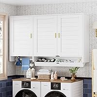 PAKASEPT 44.8" Kitchen Wall Cabinet with Flip Drawers, Hanging Rod & Adjustable Shelves - Bathroom, Laundry Storage Organizer