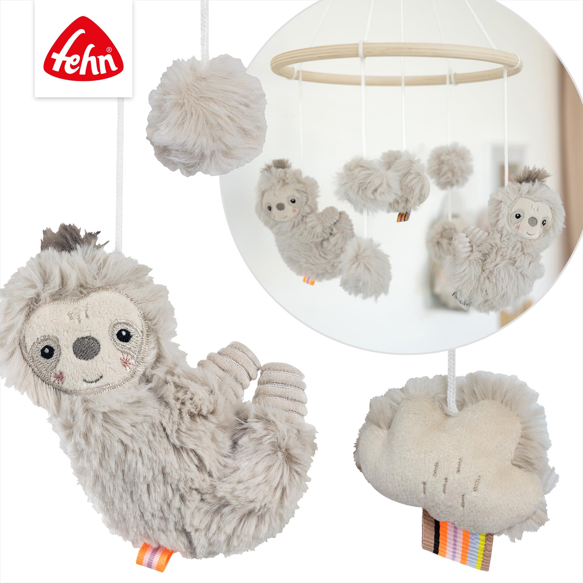 Fehn Wooden Sloth Mobile, Baby Mobile with Cute Fabric Figures, Sleep Aid for Calming & Activity - Image 4