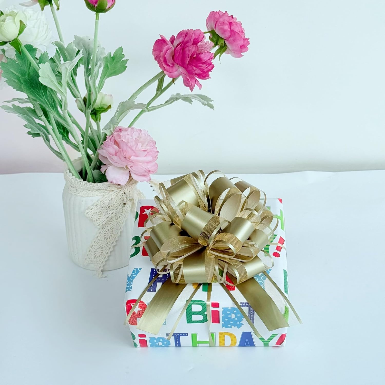 6 Pieces Large Pull Bows, Gold Gift Bow, 6 inches, Party Gift Wedding Ribbon Bows for Wrapping Boxes or Flower Decorations, Day Present Decoration Bow image 2