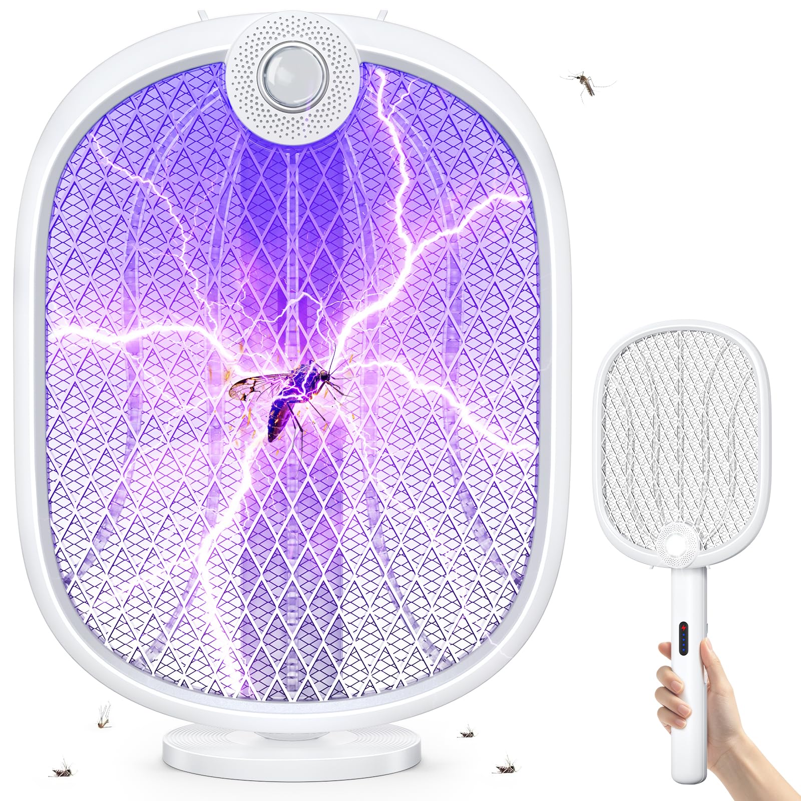 Rolgno Elektrische Fliegenklatsche Extra Stark 4000V, 180° Klappbarer Fliegenfänger Elektrisch mit Automatik UV Lichtfalle & Manuellmodus, 1800mAh USB C Aufladbar, Elektro Mückenfalle für Innen Außen