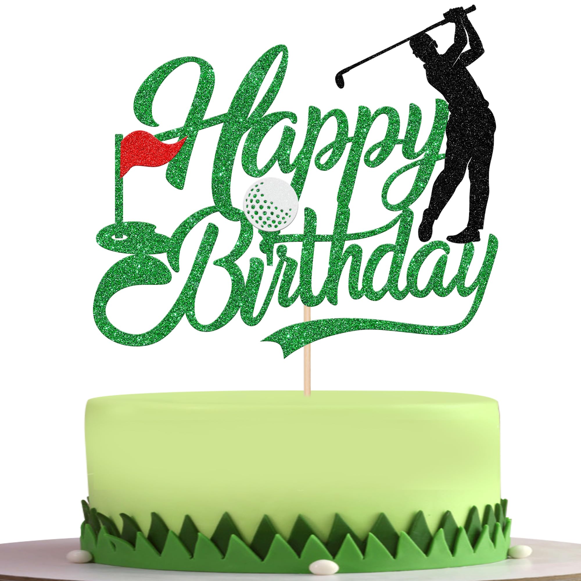 1 Stück Glitzer Golf Tortendeko Golf Kugel Spieler Kuchen Deko Happy Birthday Cake Topper für Sport Thema Baby Dusche Geburtstag Party Kuchen Dekoration Grün