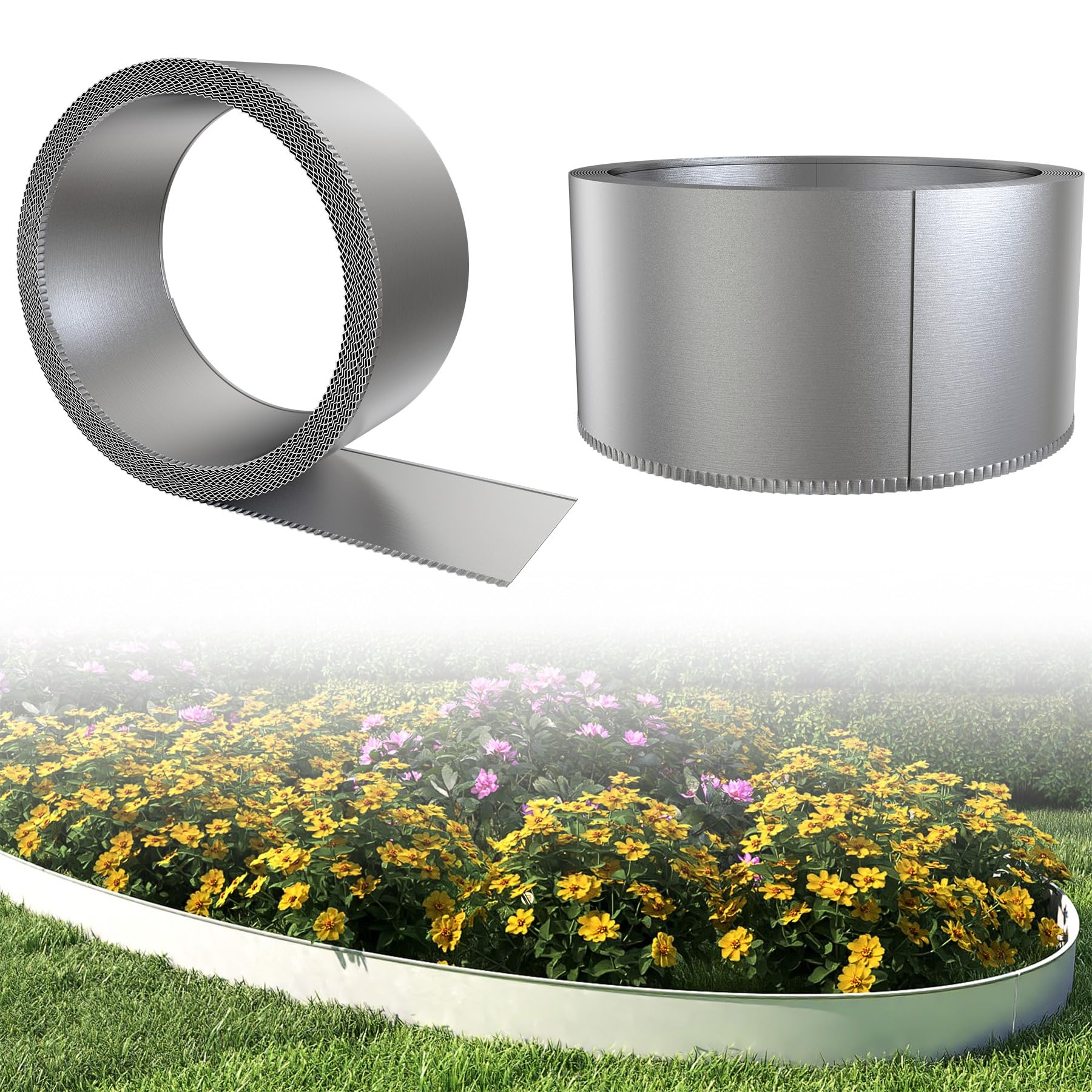 Froadp Beeteinfassung Metall 20m x 15cm, Rasenkante Verzinkt 0,6 mm, Flexible Mähkante Garten, Metall Rasenkanten Beetumrandung für Gartenbeet, Beetbegrenzung, Baumring, Rasenabgrenzung, Silber