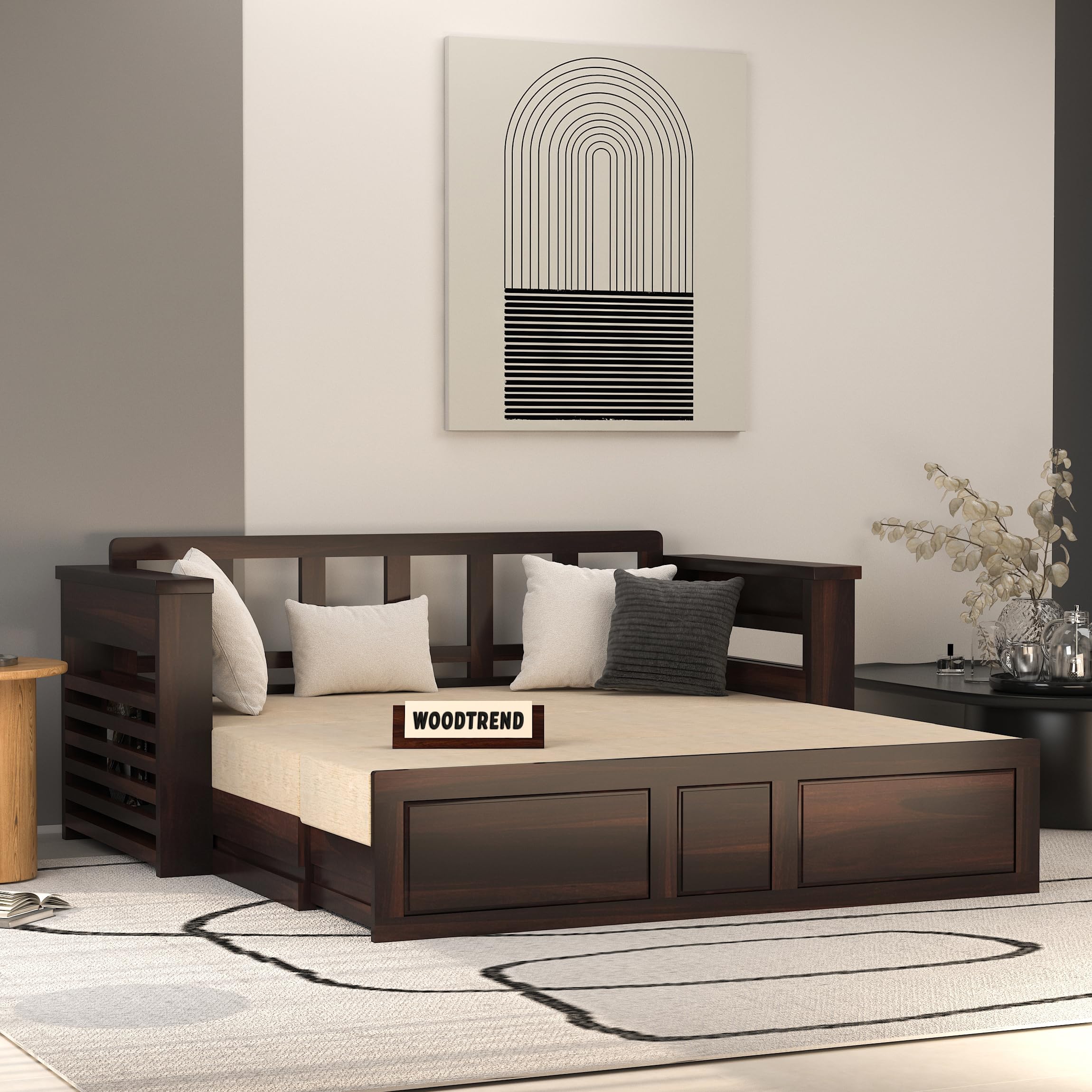WOODTREND Solid Sheesham Wooden Sofa Cums Bed with Mattresses for Living Room|Rosewood 3-Person Sofa Cums Bed for Bedroom Without Pillow (G-Walnut, 3 Seater)