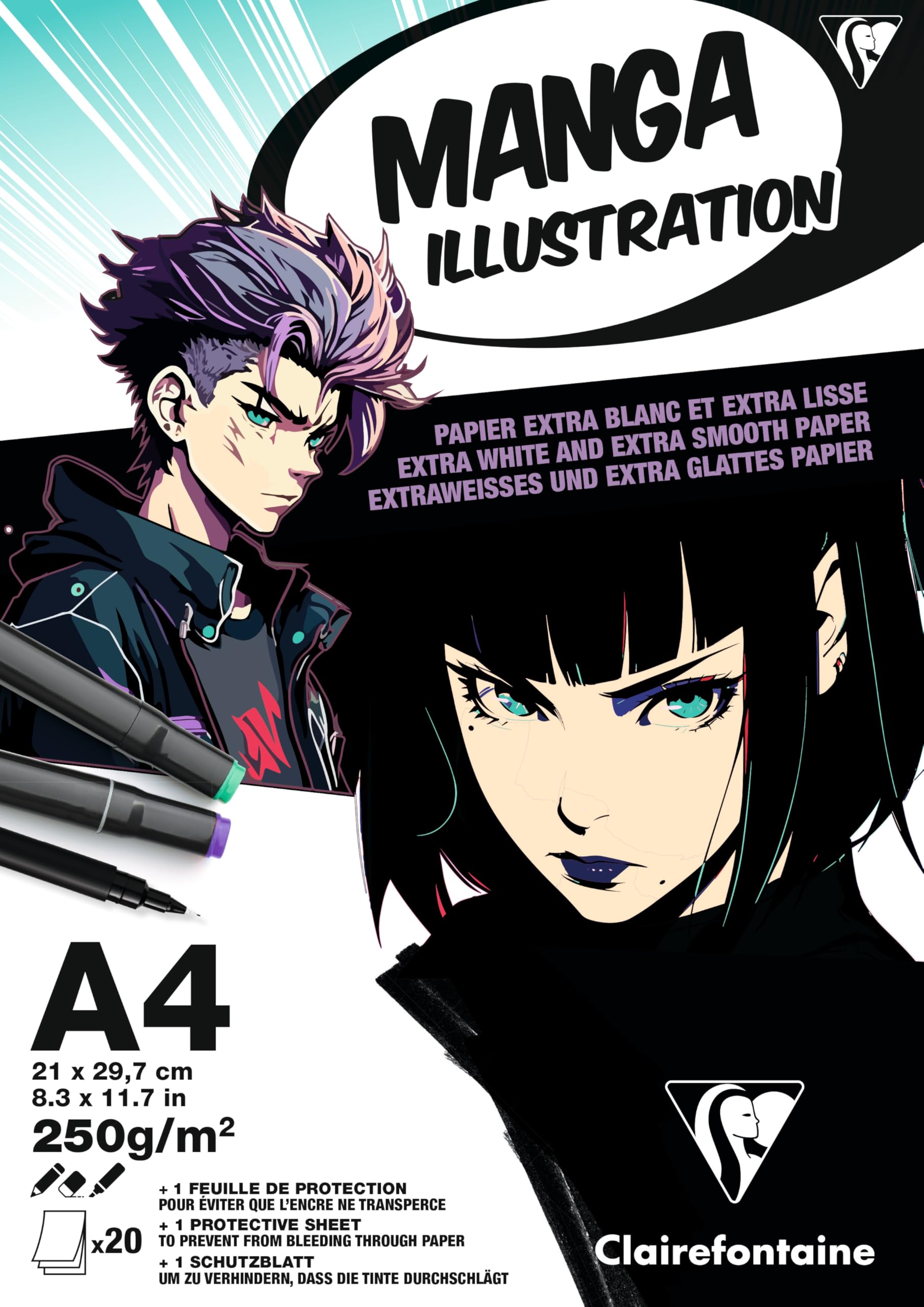 Clairefontaine 976163C Glued Manga Illustration Paper Pad A4 21x29.7 cm 250g - 20 Sheets Smooth White Drawing Paper - Paper for Manga Drawing with Pencil + Pen