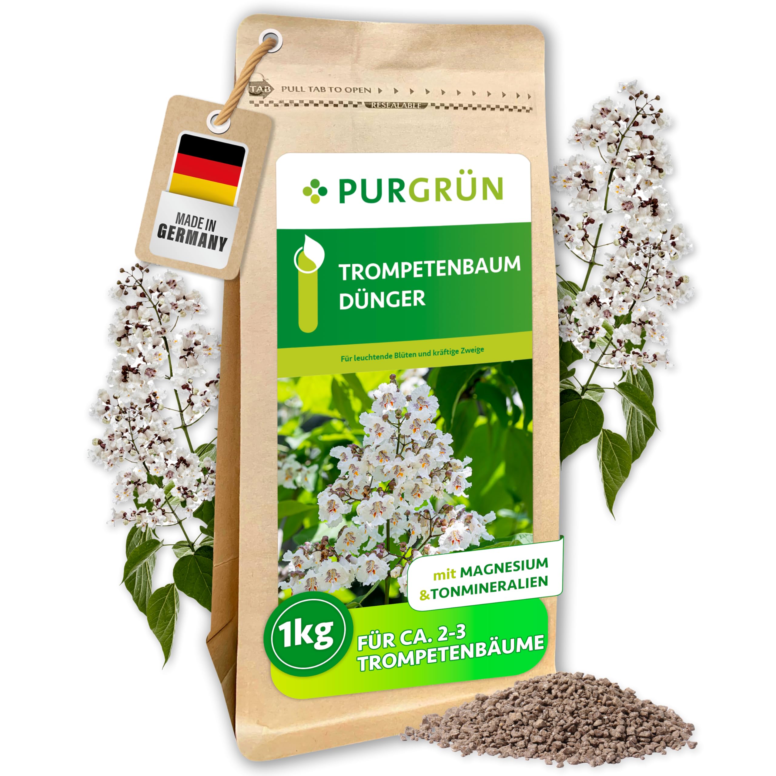 Trompetenbaum-Dünger 1 kg – Leuchtende Blüten dank Spezial-Rezeptur – Magnesium für leuchtende Blattfärbung – Schnelles Wachstum dank extra Stickstoff – Baumdünger für ca. 2-3 Bäume