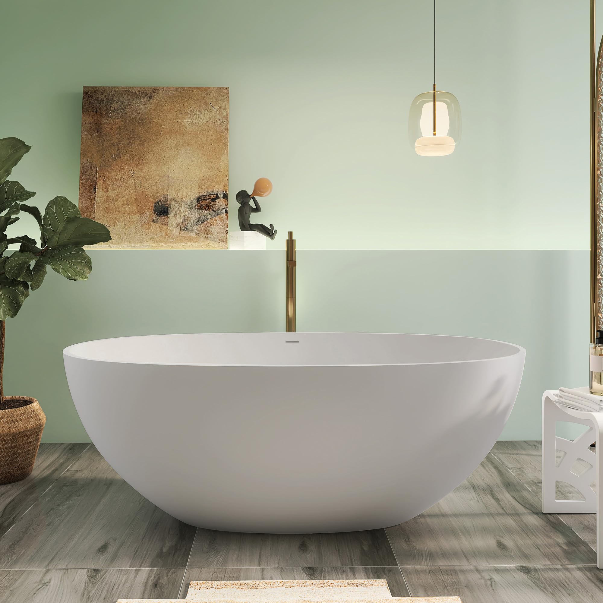Vasca da bagno autoportante di alta qualità da 154,9 cm, in resina di pietra ovale grigia, con troppopieno e scarico pop-up