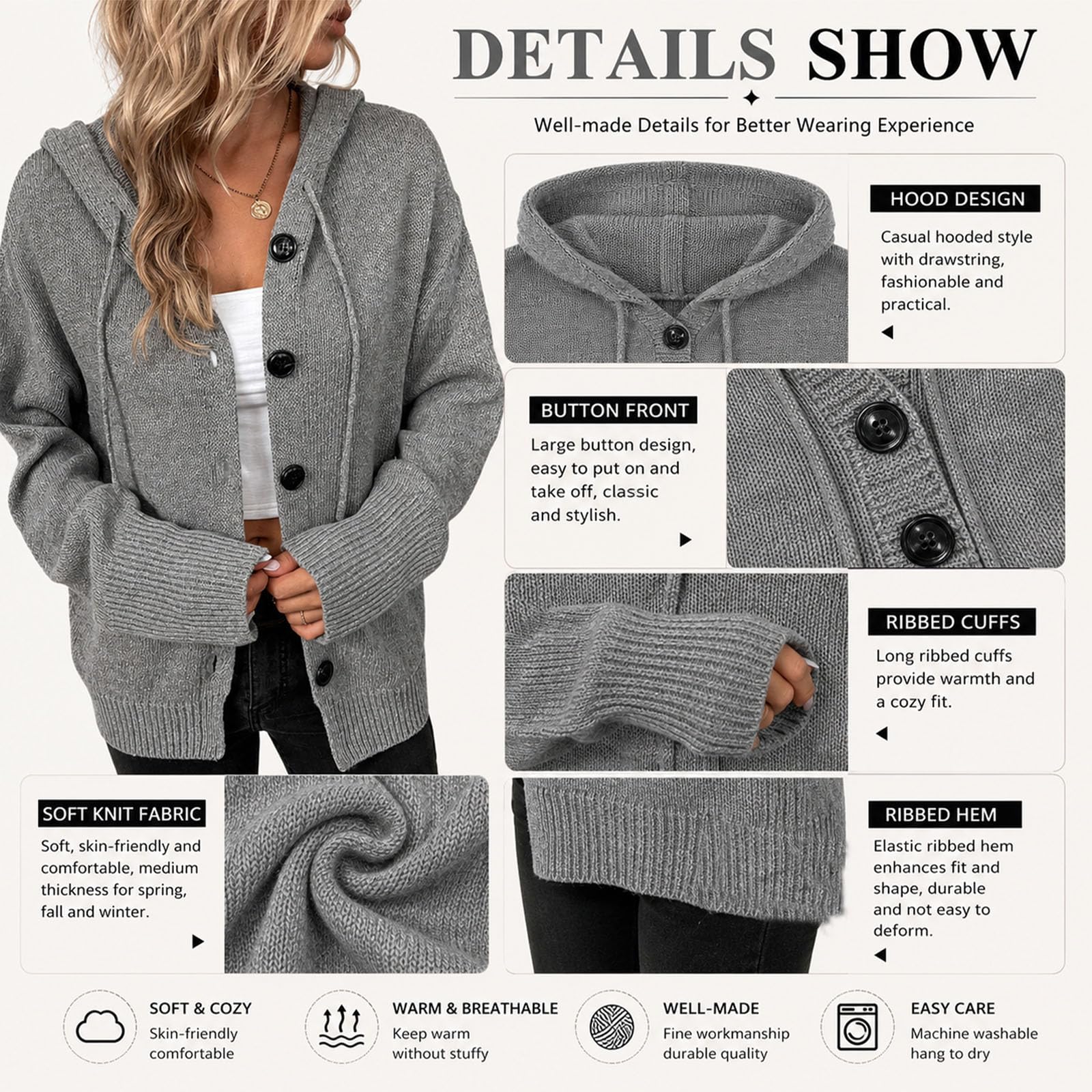 Damski sweter z guzikami, dekolt w serek i kapturem - styl casual | Lekki kardigan z dzianiny z kapturem – modny model jesienno-zimowy, luźny krój i otwarty z przodu