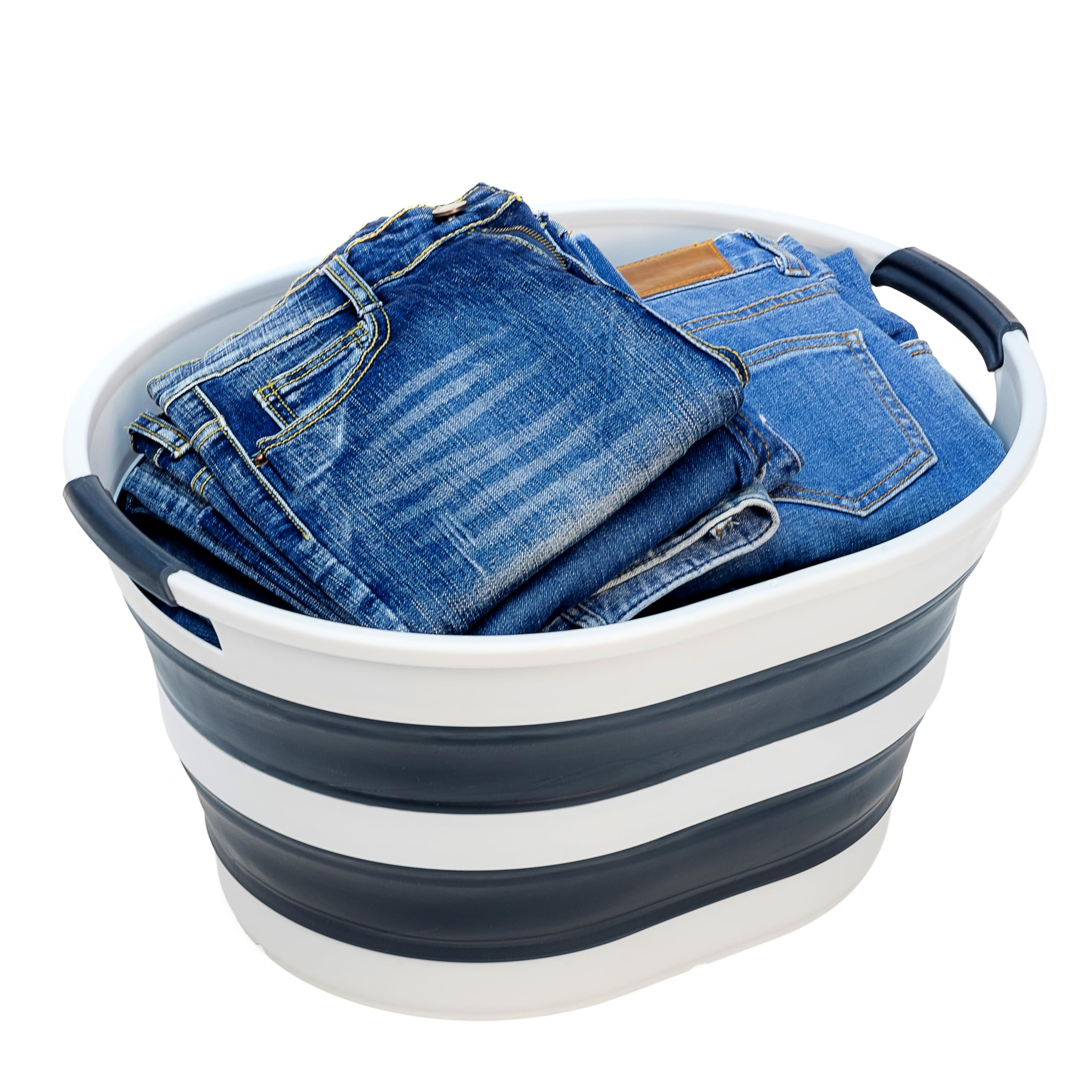 SAMMART - Panier à linge pliable en plastique de 23 l - Baignoire/panier ovale - Conteneur de rangement pliable - Bac à linge portable - Panier à linge peu encombrant (1, gris/gris ardoise)