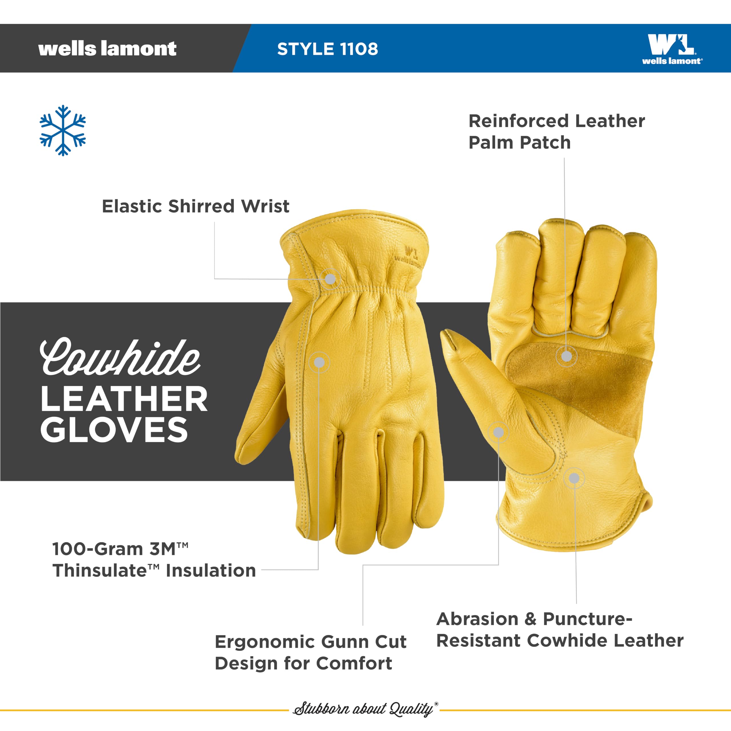 WELLS LAMONT Leather Work Gloves, Insulated Grain Cowhide, Large