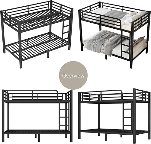 Miniatura 7 de Litera baja de metal individual sobre litera completa, litera de suelo resistente con escalera para niños y niñas, color negro