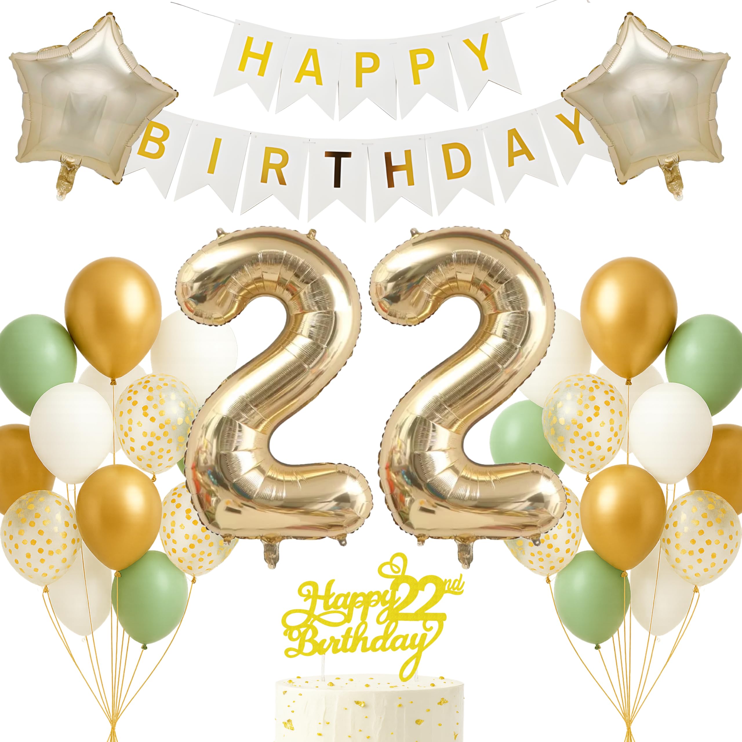 22nd Birthday Decorations Set Light Gold White Sage Green Theme Happy Birthday Banner Balloon Decor Photo Backdrop for Women Men Adults Turning 22 Age 22 Party Supplies Celebration Decor Event Bundle