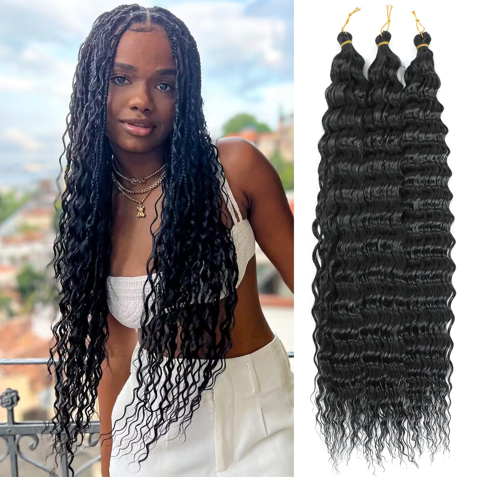 MLETULIPS Ocean Wave Crochet Extensiones de pelo Deep Wave Trenzado Crochet Pelo Suave Sintético Rizado Trenzado Crochet Pelo para Mujeres Negras (1B, 22 inch (pack of 3）)