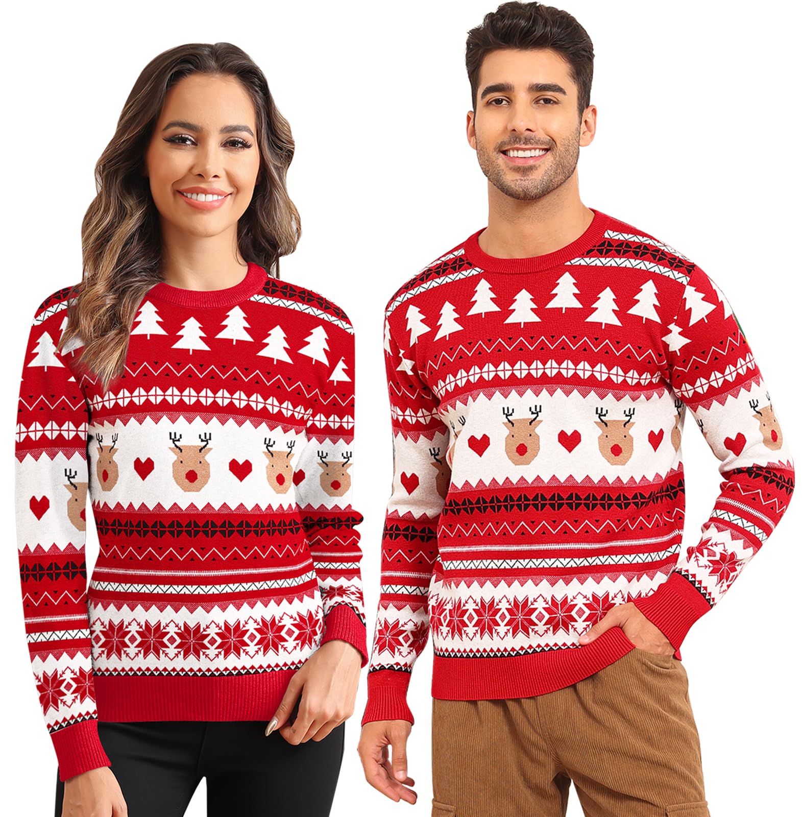 LecGee Christmas Sweater Couple Roundneck Reindeer Snowflakes Ugly Long Sleeve Knitted Sweater Pullover Slim Fit Men Women