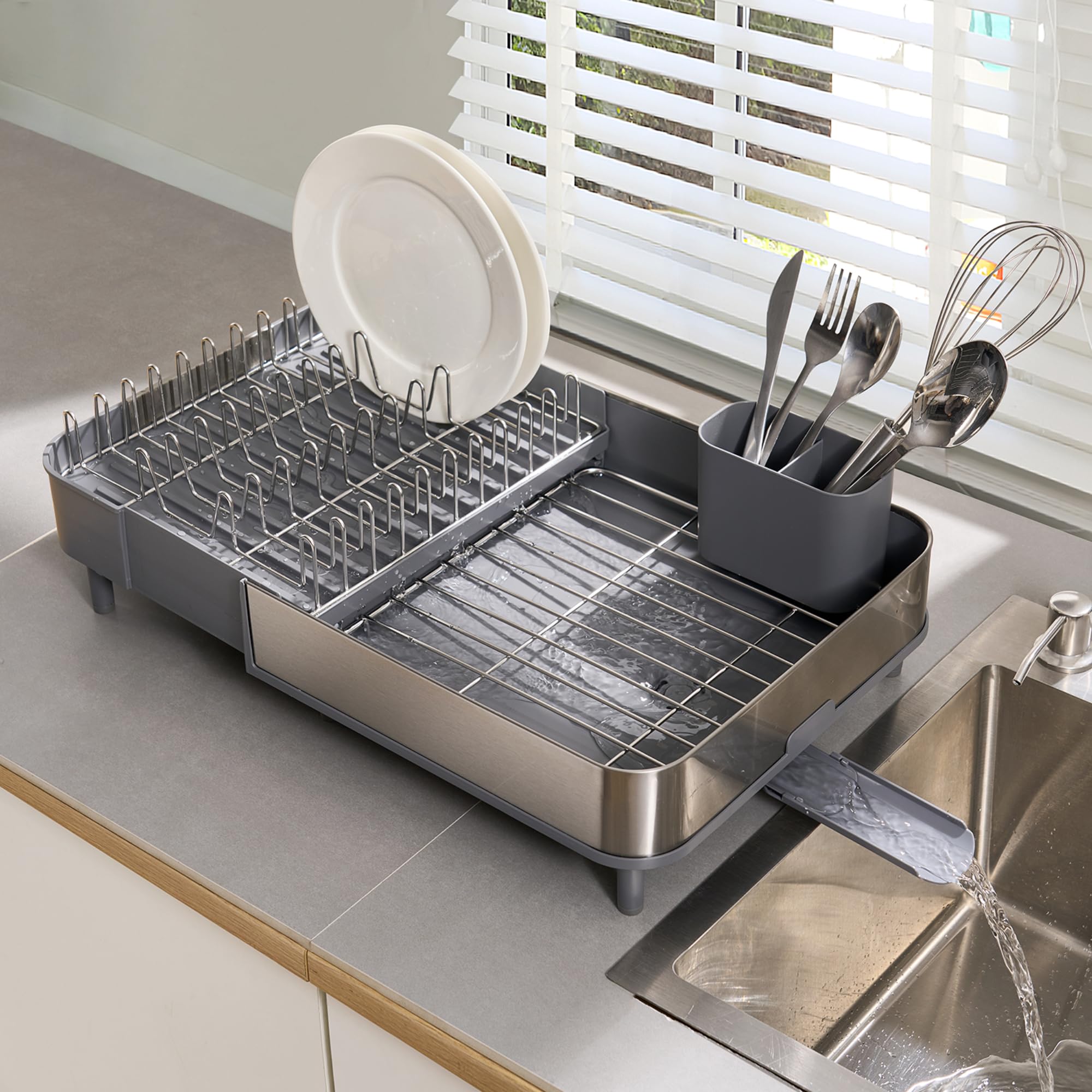 Dish Drying Rack Countertop Expandable Dish Drainer — Up to 20.5" Telescoping Premium Extending Drying Station Organizer with Drainboard, Removable Utensil Holder — Dish, Silverware & Cup Storage Gray