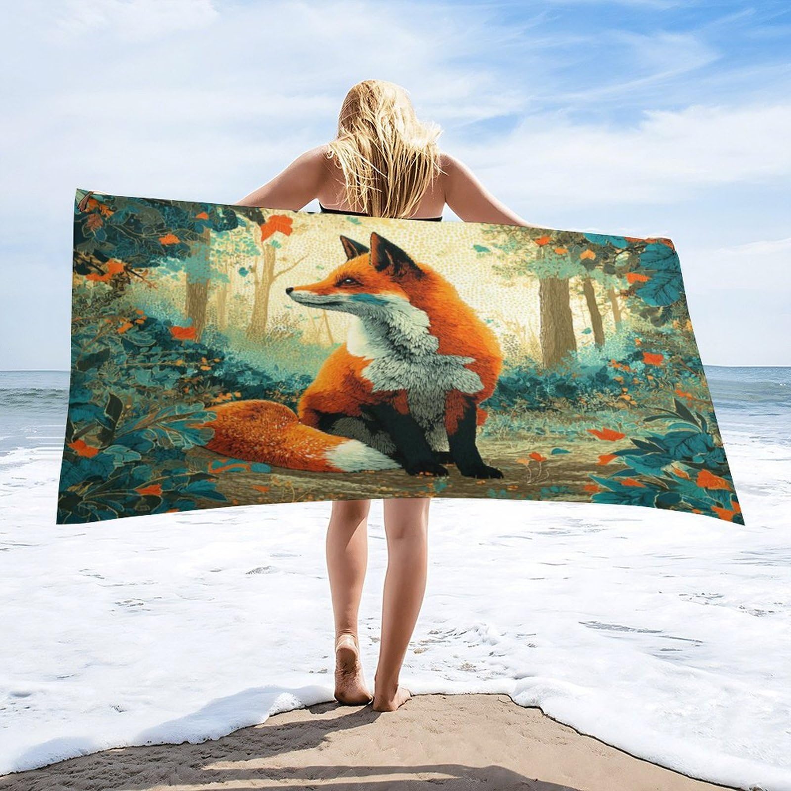 Luyysky Retro Colorful Wildlife Fox Absorbent Beach Towel, Classic Vintage Autumn Forest Hunting Theme Animal Fox Outdoor Single-Sided Velvet Beach Towel-80 W Cm X 160" L Cm