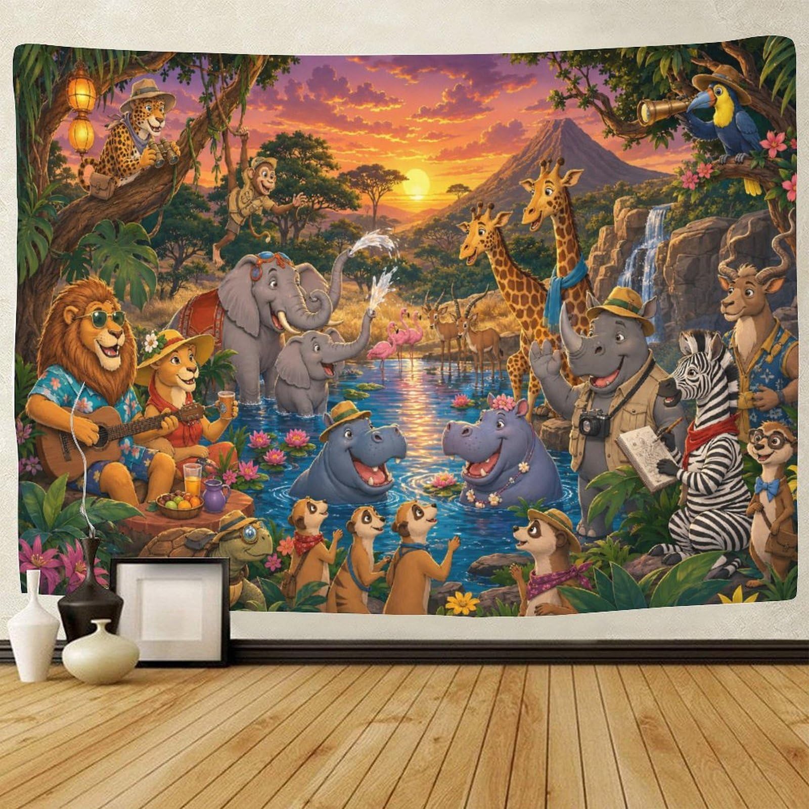 GPMNBCXZK African Savannah Wildlife Animals 3D Print Tapestry for Bedroom Wall Hanging Decor Tapestries Home Decoration Curtain Living Room College Dorm 100cmx150cm
