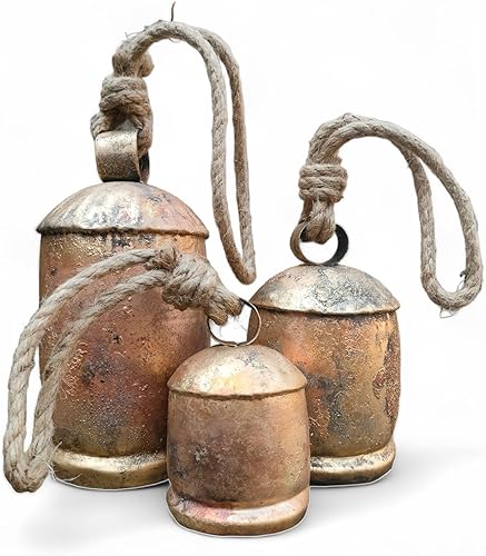Juego de 3 campanas de Navidad de metal para decoración rústica de latón dorado grande campana colgante de vaca
