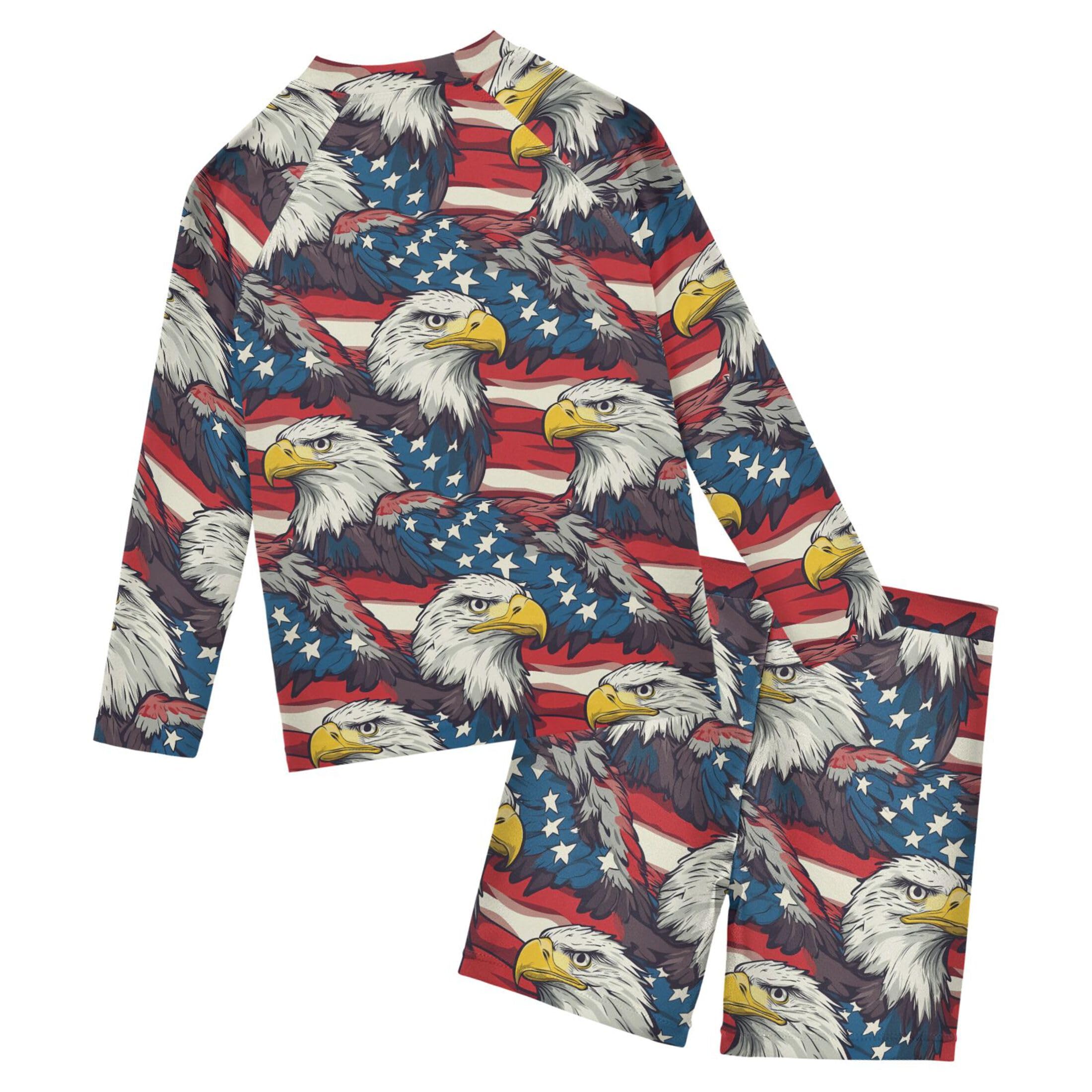 4th of July Bald Eagle American Flag Baby Boys' Toddler Long Sleeved Rashguard Swim Bathing Suit Set B0404282